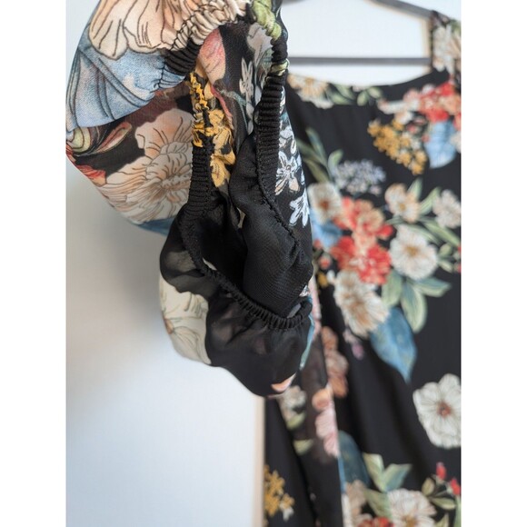 Papermoon Women's 1x Blouse Long Puff Elastic Sleeve Larie Black Floral Fix - Picture 3 of 10